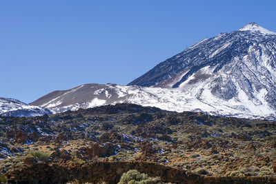 Scenic view of snowcapped mountains against clear blue sky