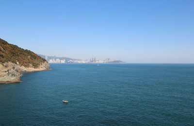 Scenic view of sea against clear blue sky