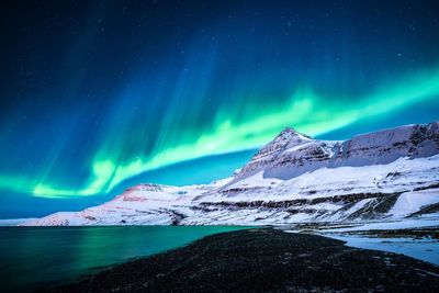 Scenic view of stars in sky and snow mountain