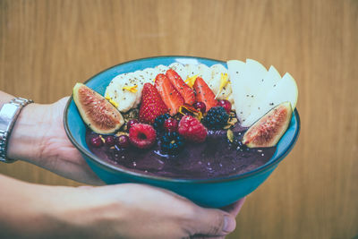 High angle view of breakfast served in bowl on table