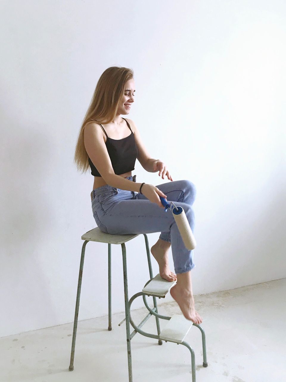 full length, sitting, one person, chair, white background, young adult, young women, beautiful woman, stool, indoors, day