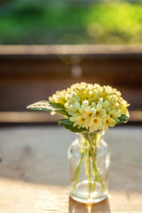 Close-up of flower vase on glass table