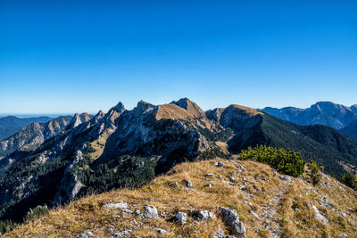 Scenic view of mountains against clear blue sky