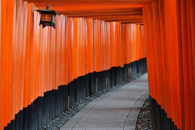 Walking pathway of thousand tori gates in fushimi inari shrine leading to the wood forest