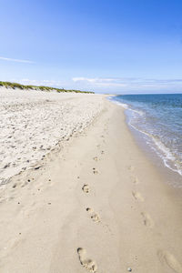 Scenic view of beach against blue sky