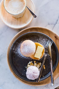 High angle view of ice cream in bowl on table