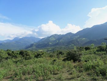 Scenic view of landscape and mountains against sky