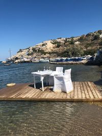 Scenic view of sea against clear blue sky