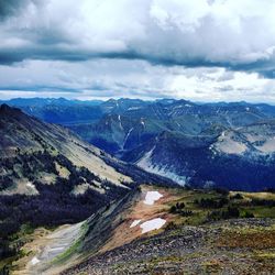 Scenic view of mountains against cloudy sky