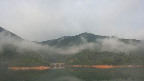 Scenic view of mountains during foggy weather
