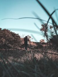 People standing on field by trees against sky