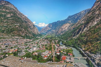 High angle view of town against mountains