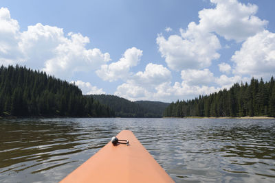 Scenic view of lake in forest against sky