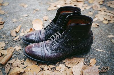 Close-up of boots by autumn leaves on road