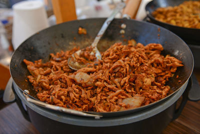 Close-up of chicken on cooking pan