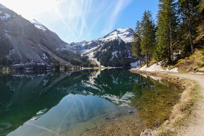 Scenic view of lake and snowcapped mountains against sky