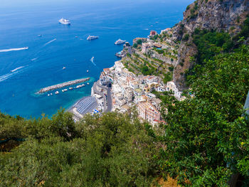 High angle view of town by sea