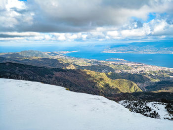 Scenic view of snowcapped mountains against sky