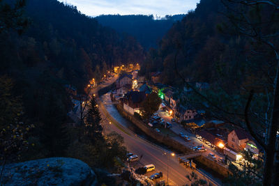 High angle view of town hrensko, czech republic in twilight
