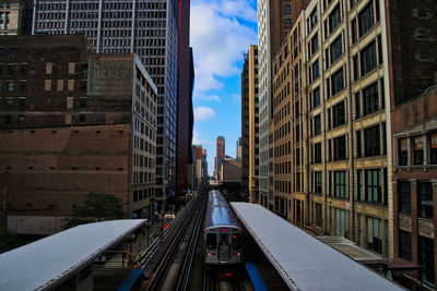 Railroad tracks amidst buildings in city against sky