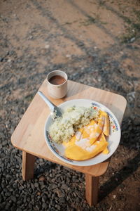 High angle view of breakfast on table