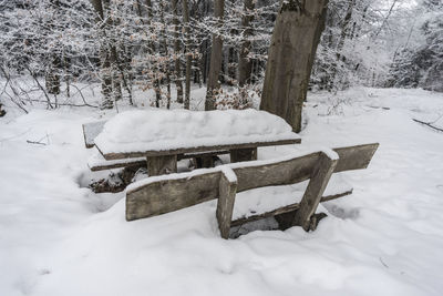 Snow covered bench on field during winter