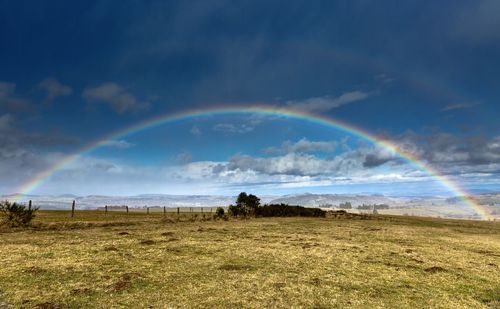 Scenic view of field against rainbow in sky