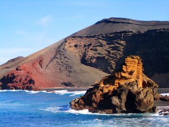 Scenic view of rock formation in sea against sky