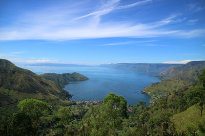 Scenic view of sea and mountains against sky