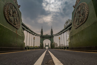 Surface level of empty road against sky in city