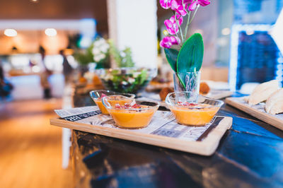 High angle view of meal served on table