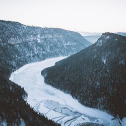 Scenic view of mountains against clear sky during winter