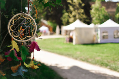 Close-up of decoration hanging on field