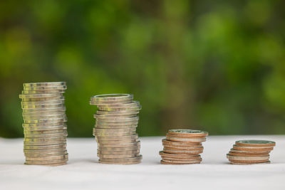 Close-up of coins on table