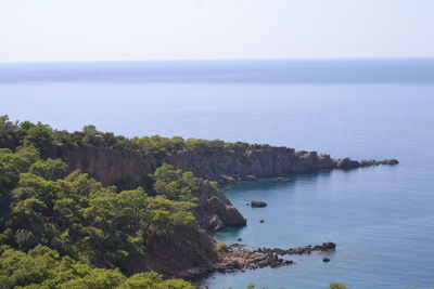 High angle view of bay against sky