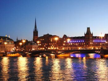 River with illuminated buildings in background