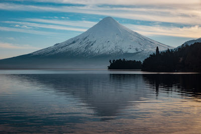 Scenic view of lake by snowcapped mountains against sky