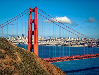 Suspension bridge with cityscape