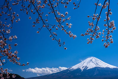 Low angle view of snow on mountain against blue sky