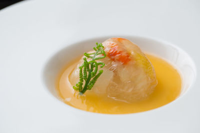 High angle view of fish on plate against white background