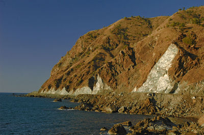 Scenic view of sea and mountains against clear sky