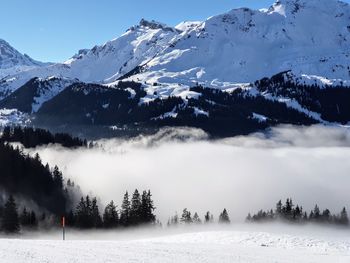 Scenic view of snowcapped mountains against sky