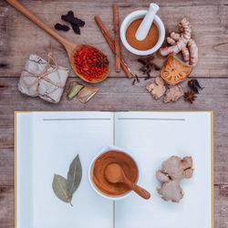 Directly above shot of food with open book on table