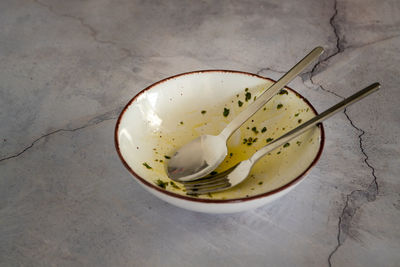 High angle view of soup in bowl on table