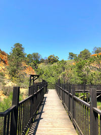 Footbridge amidst plants against clear blue sky