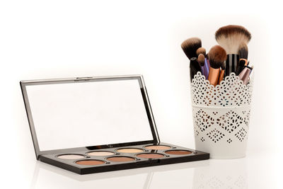 Rear view of women standing on table against white background