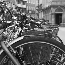 Bicycles parked on street in city