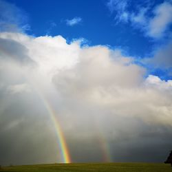 Rainbow over field against sky