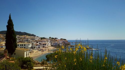 Town by sea against clear blue sky