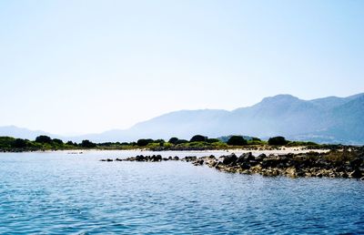 Scenic view of lake against clear sky